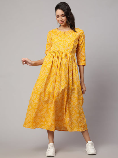 Women's Yellow Printed Flared Maternity Dress