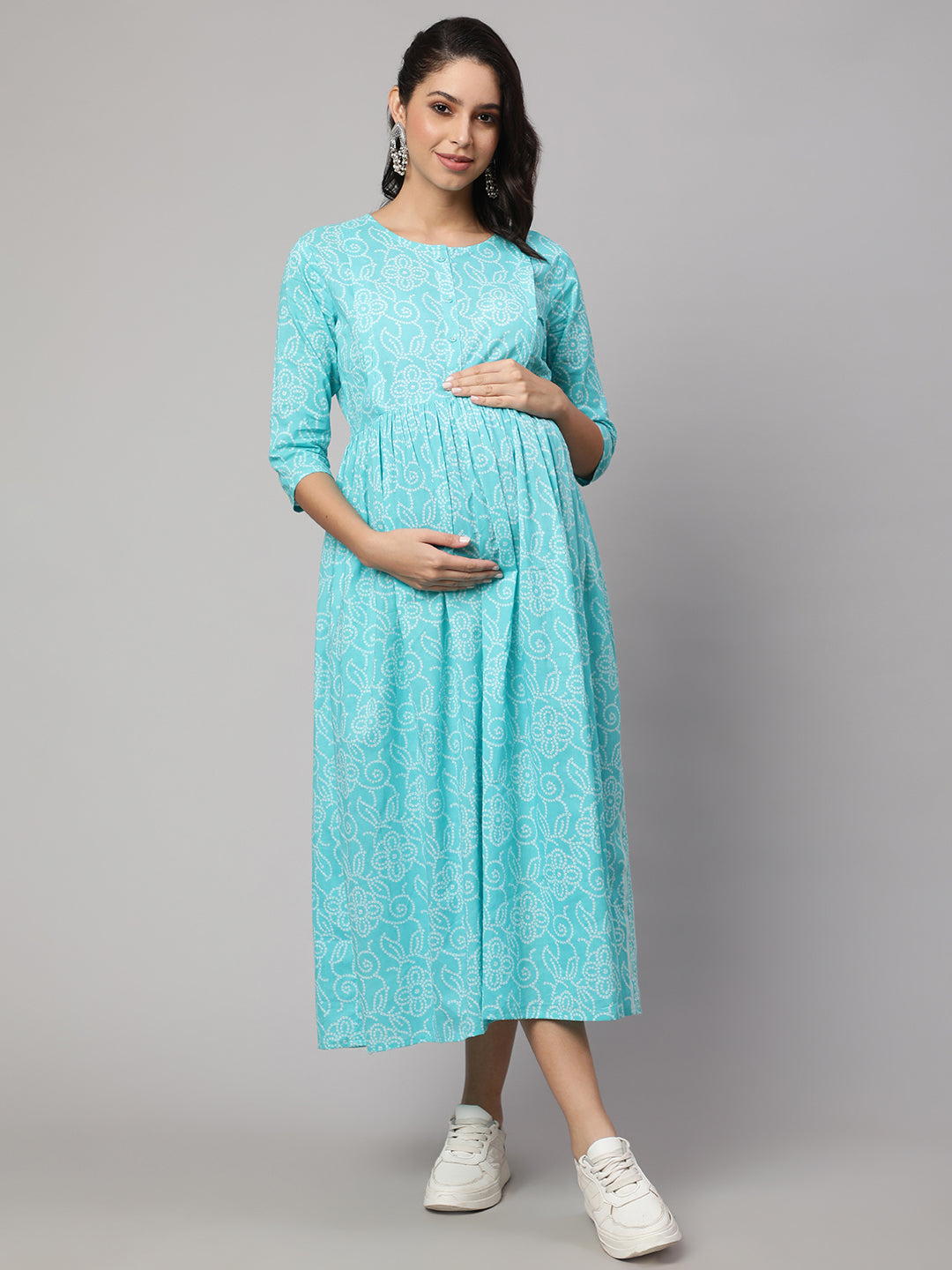 Women's Sky Blue Printed Flared Maternity Dress