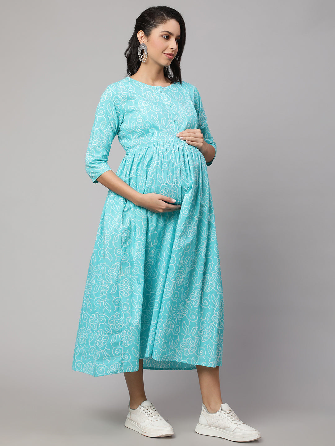 Women's Sky Blue Printed Flared Maternity Dress