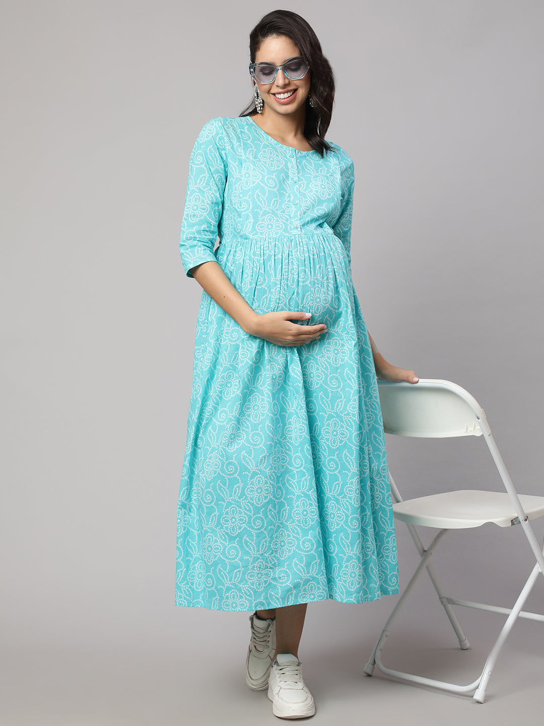 Women's Sky Blue Printed Flared Maternity Dress