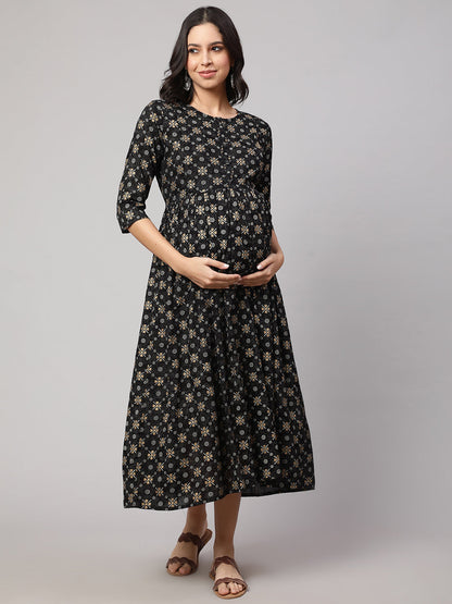 Women's Black & Gold Printed Flared Maternity Dress