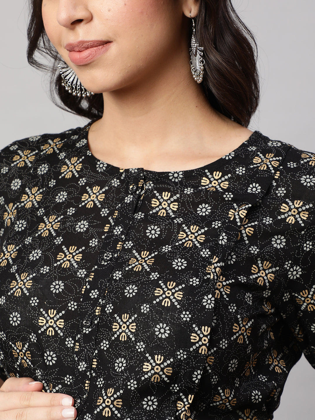Women's Black & Gold Printed Flared Maternity Dress