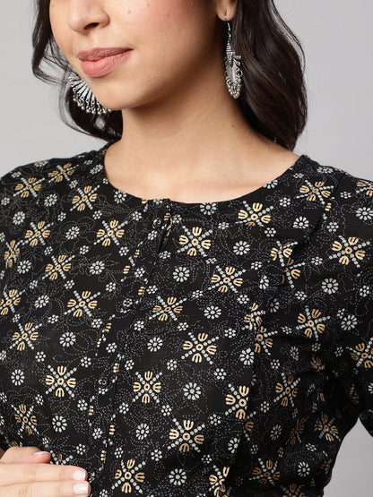 Women's Black & Gold Printed Flared Maternity Dress