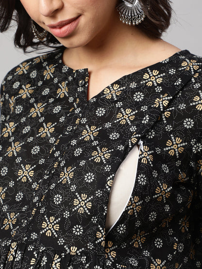 Women's Black & Gold Printed Flared Maternity Dress