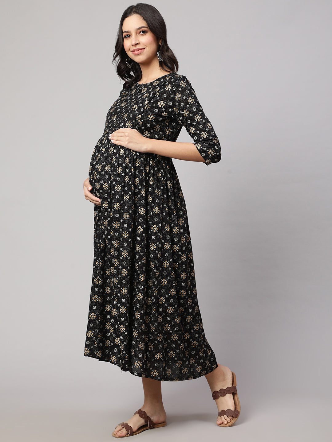 Women's Black & Gold Printed Flared Maternity Dress