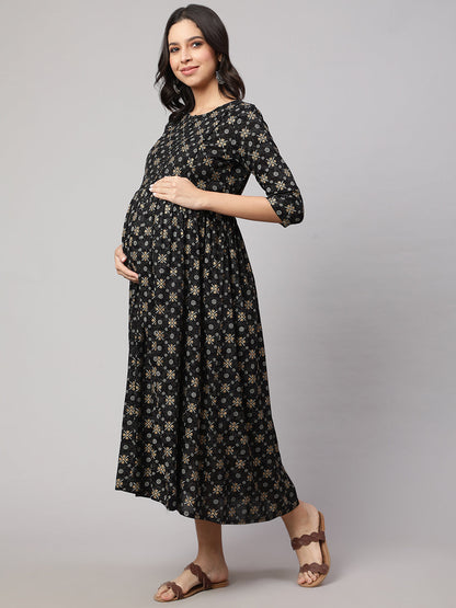 Women's Black & Gold Printed Flared Maternity Dress