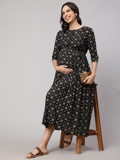 Women's Black & Gold Printed Flared Maternity Dress