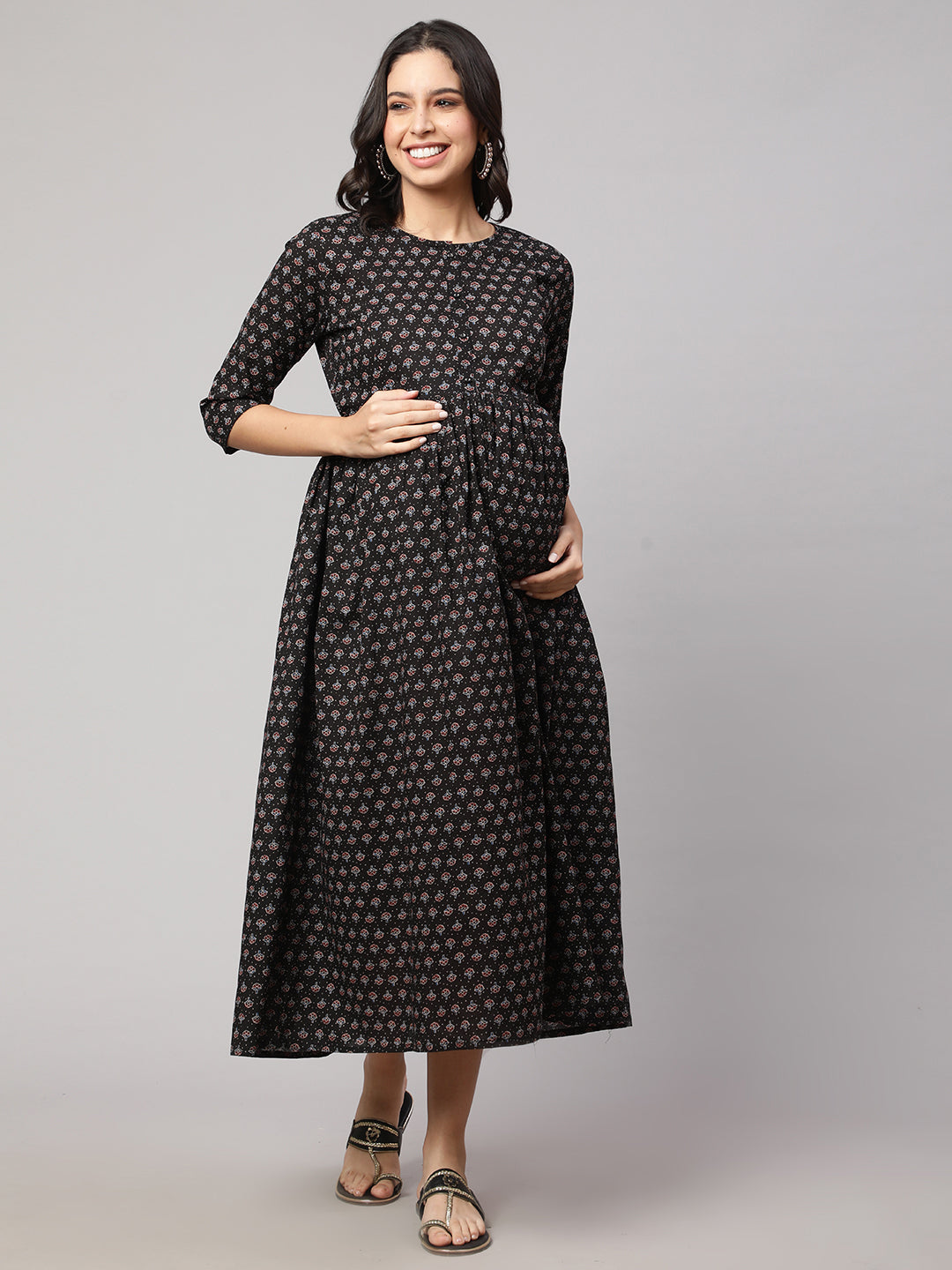 Women's Black Printed Flared Maternity Dress