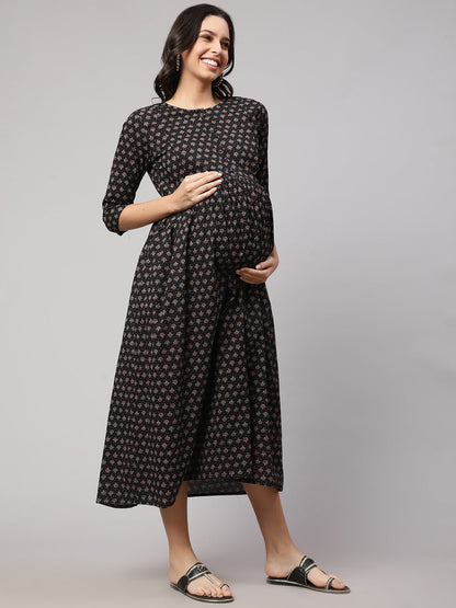 Women's Black Printed Flared Maternity Dress