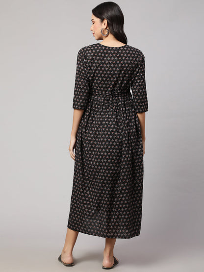 Women's Black Printed Flared Maternity Dress