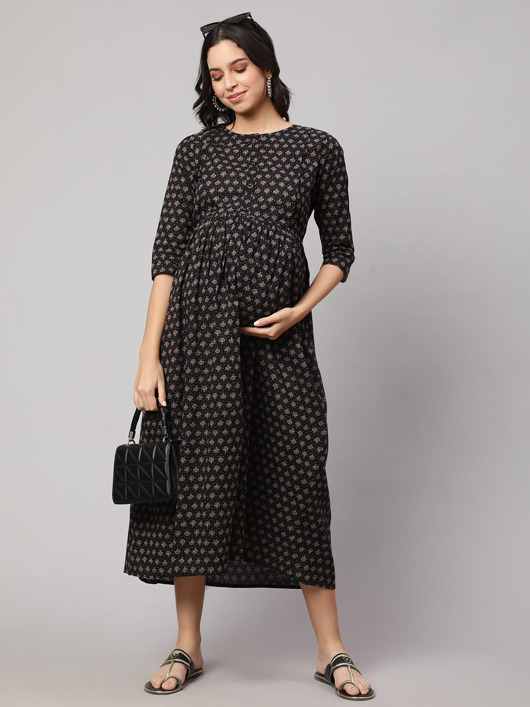 Women's Black Printed Flared Maternity Dress