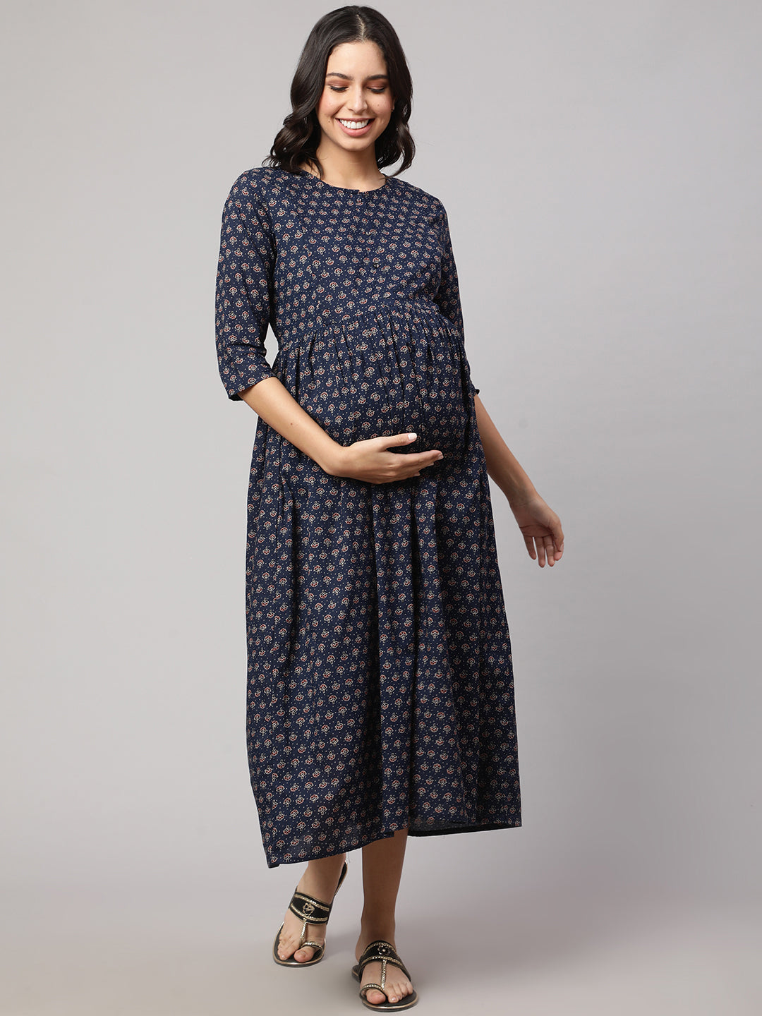 Women's Navy Blue Printed Flared Maternity Dress