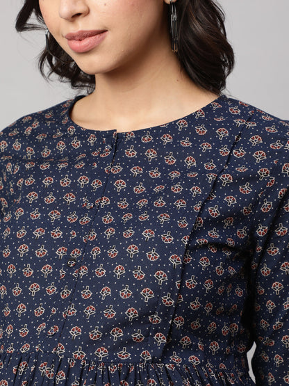 Women's Navy Blue Printed Flared Maternity Dress