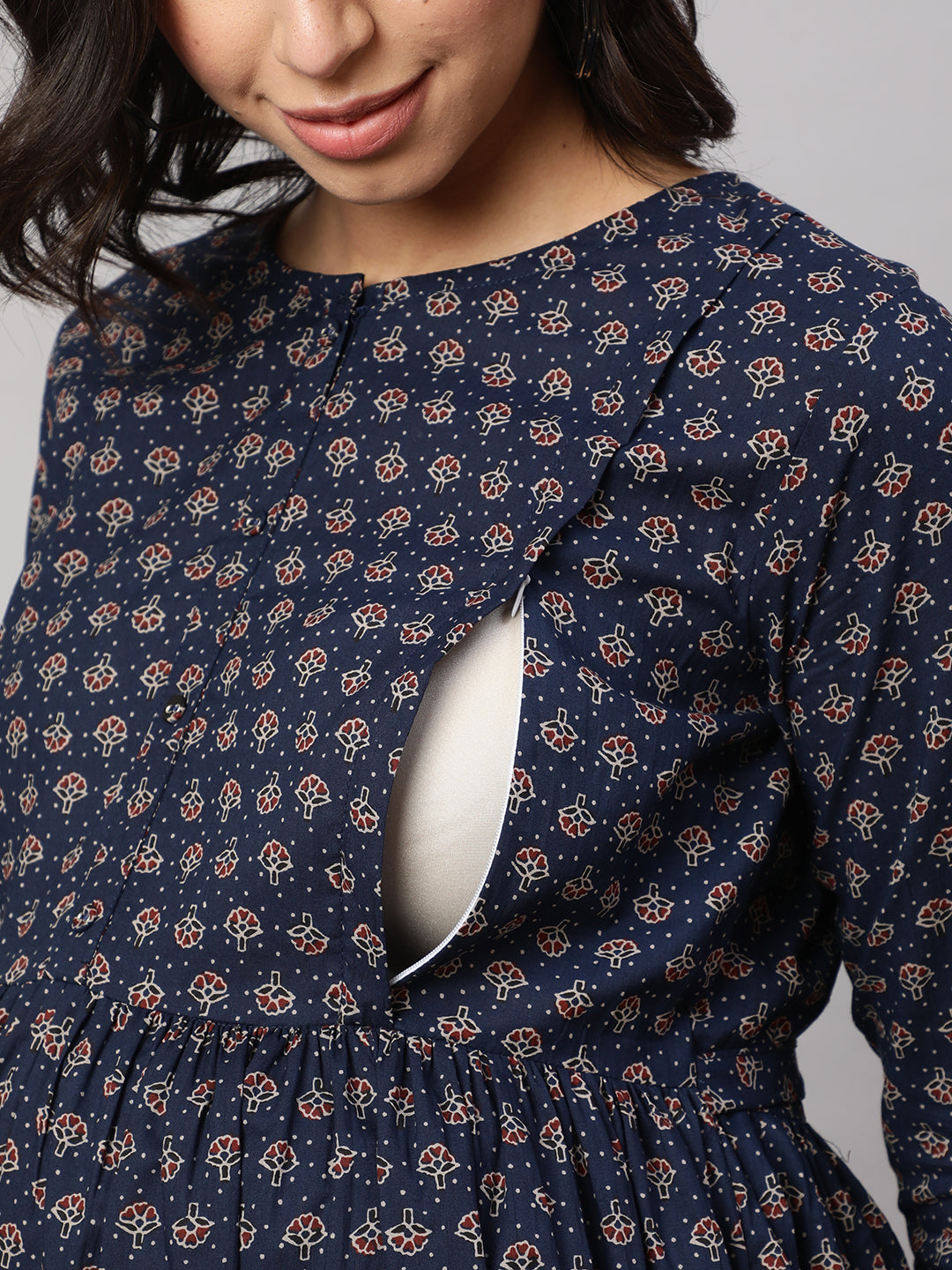 Women's Navy Blue Printed Flared Maternity Dress