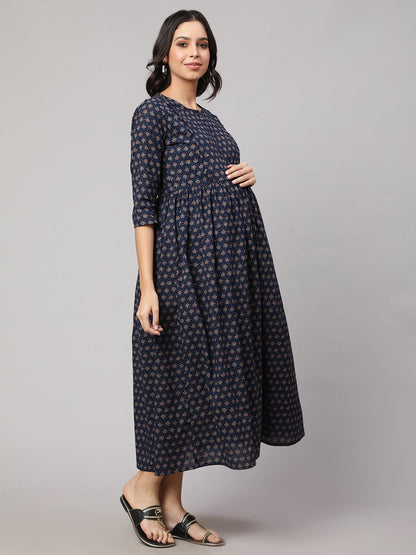 Women's Navy Blue Printed Flared Maternity Dress