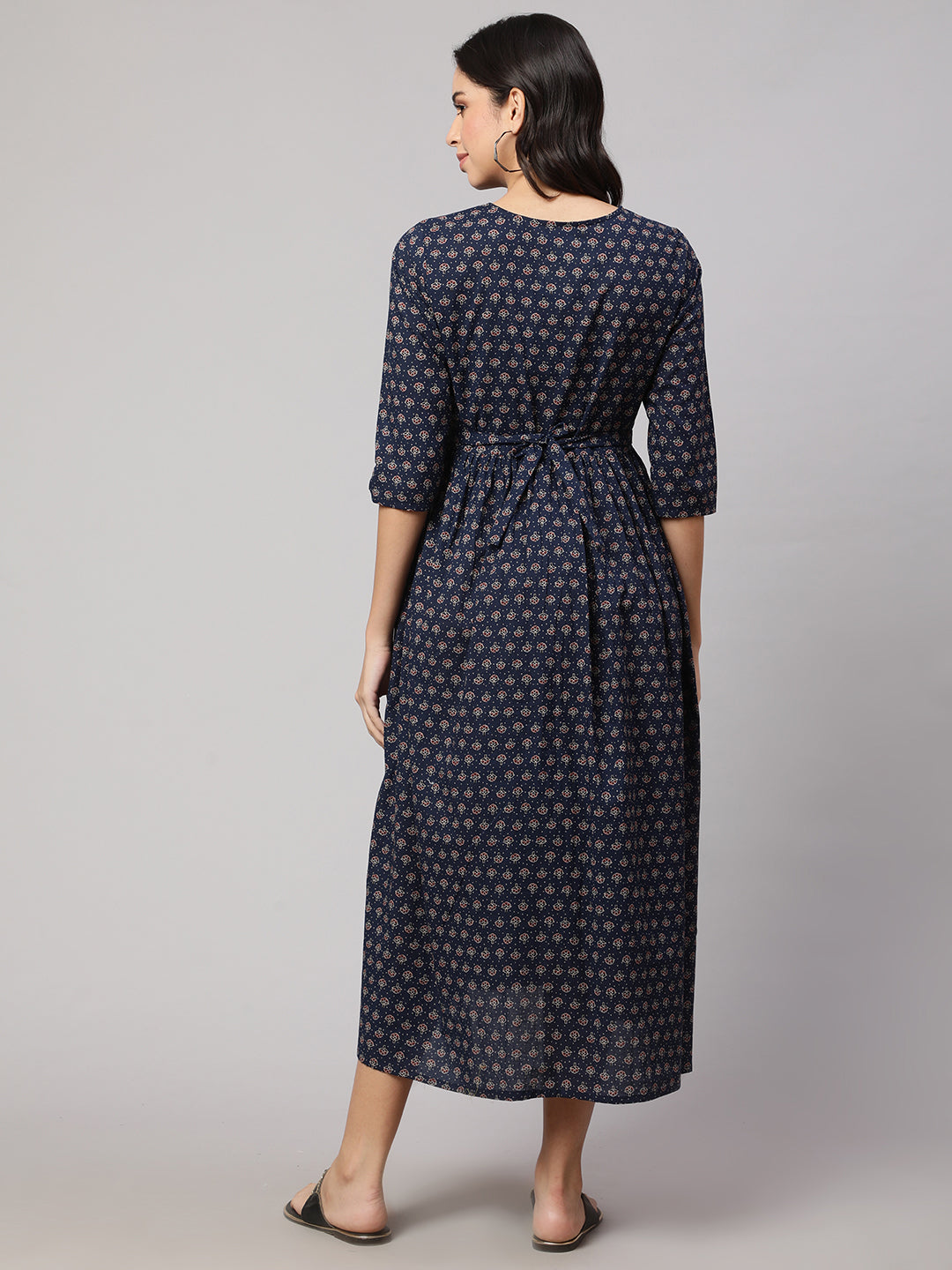 Women's Navy Blue Printed Flared Maternity Dress