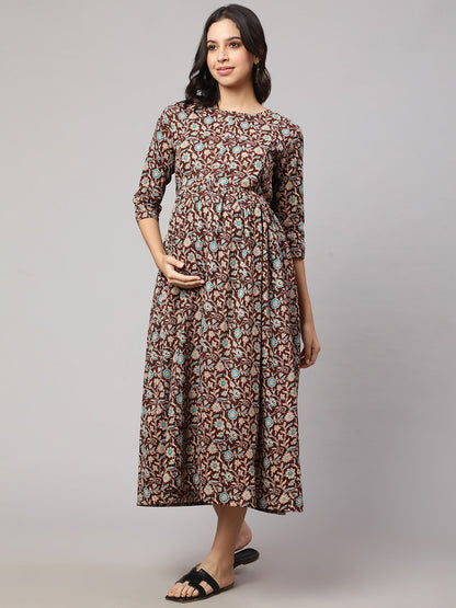 Women's Brown Floral Printed Flared Maternity Dress