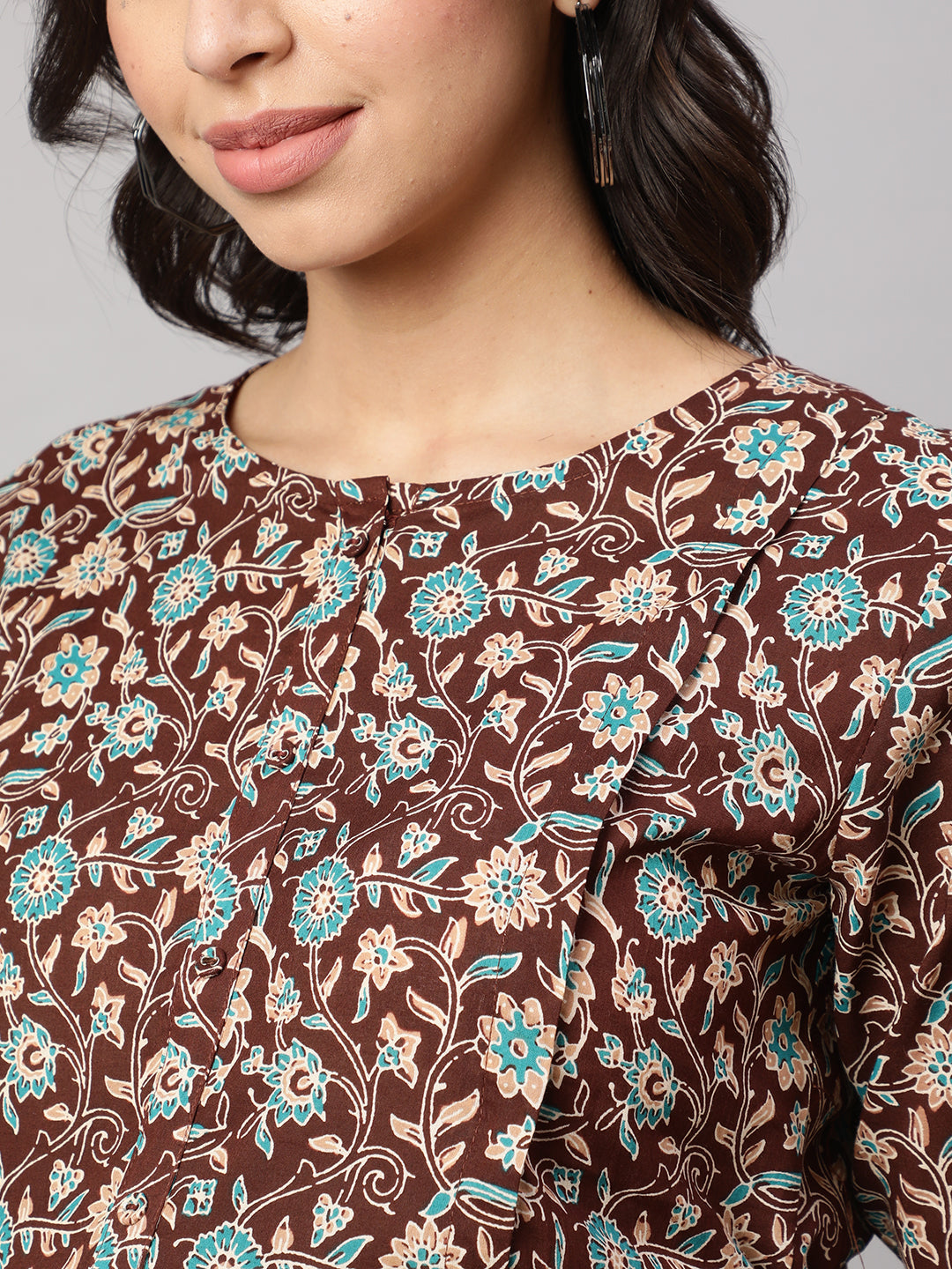 Women's Brown Floral Printed Flared Maternity Dress