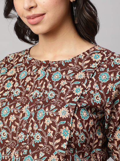 Women's Brown Floral Printed Flared Maternity Dress
