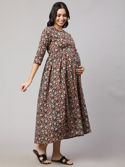 Women's Brown Floral Printed Flared Maternity Dress