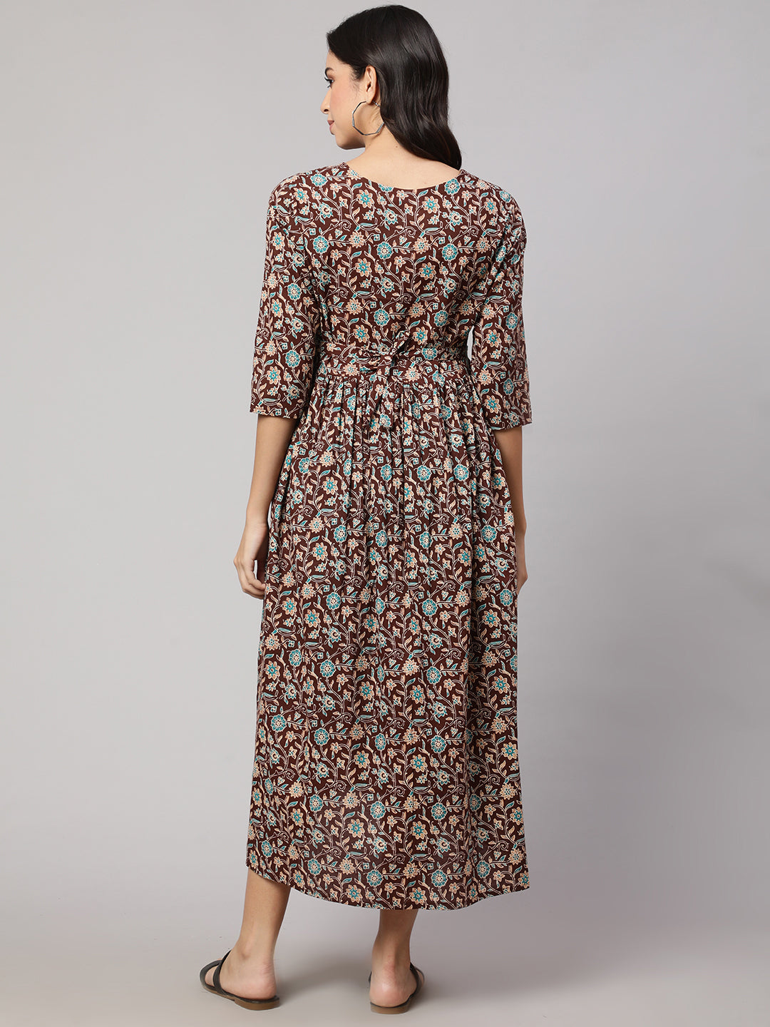 Women's Brown Floral Printed Flared Maternity Dress