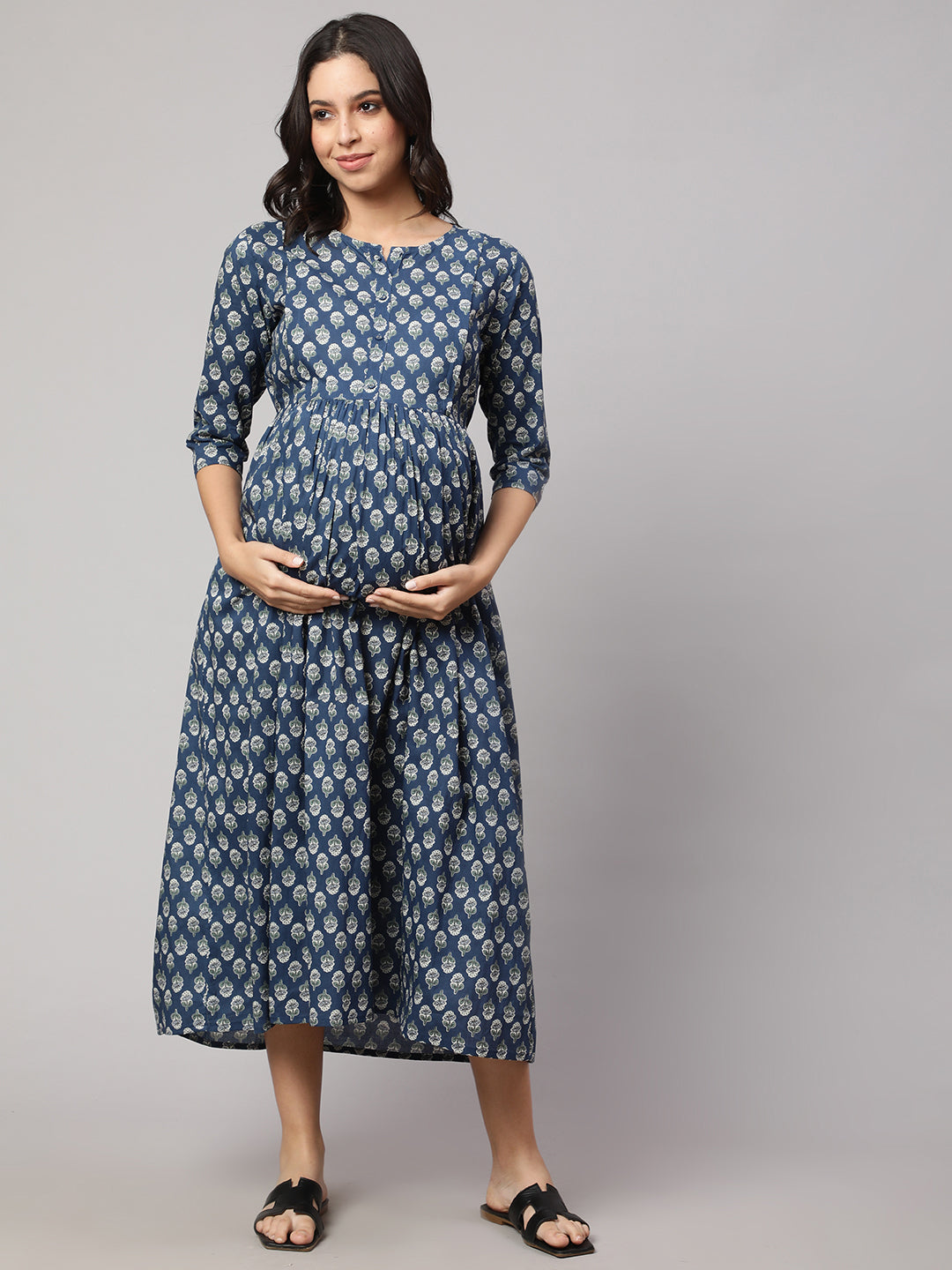 Women's Blue Printed Flared Maternity Dress