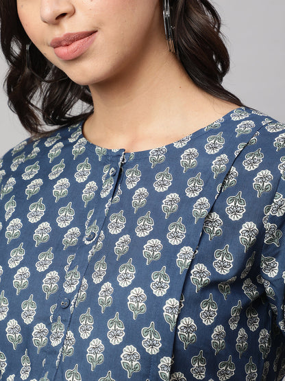 Women's Blue Printed Flared Maternity Dress