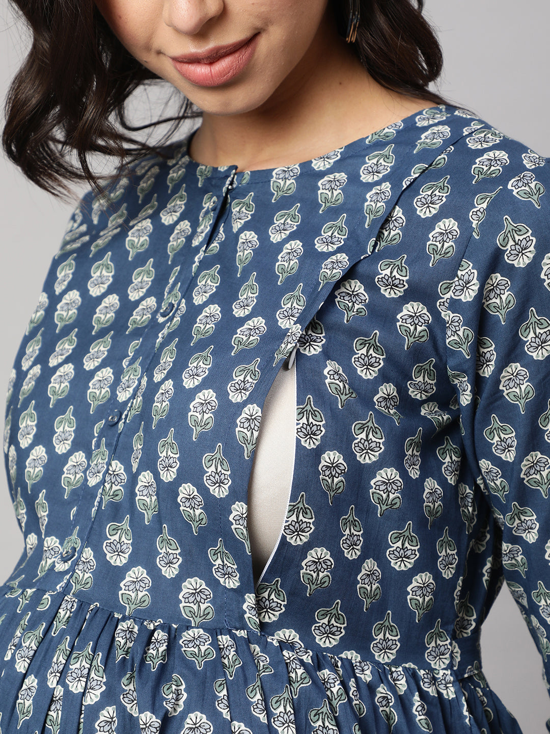 Women's Blue Printed Flared Maternity Dress