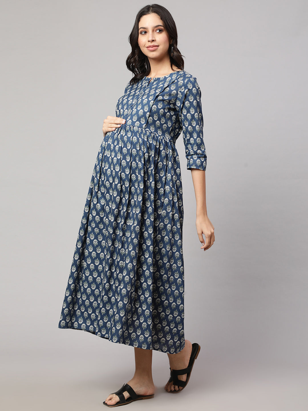 Women's Blue Printed Flared Maternity Dress