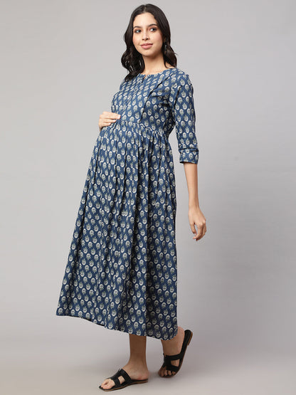 Women's Blue Printed Flared Maternity Dress
