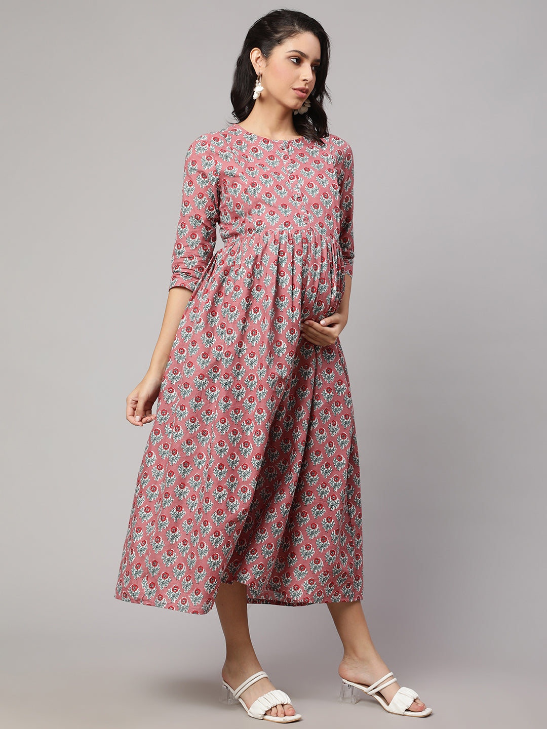Women's Mauve Floral Printed Flared Maternity Dress