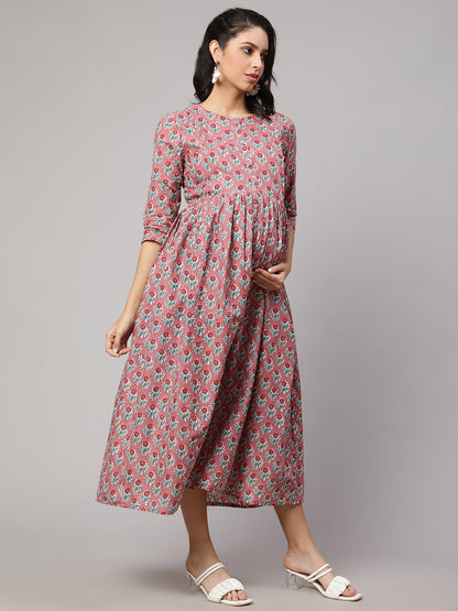 Women's Mauve Floral Printed Flared Maternity Dress