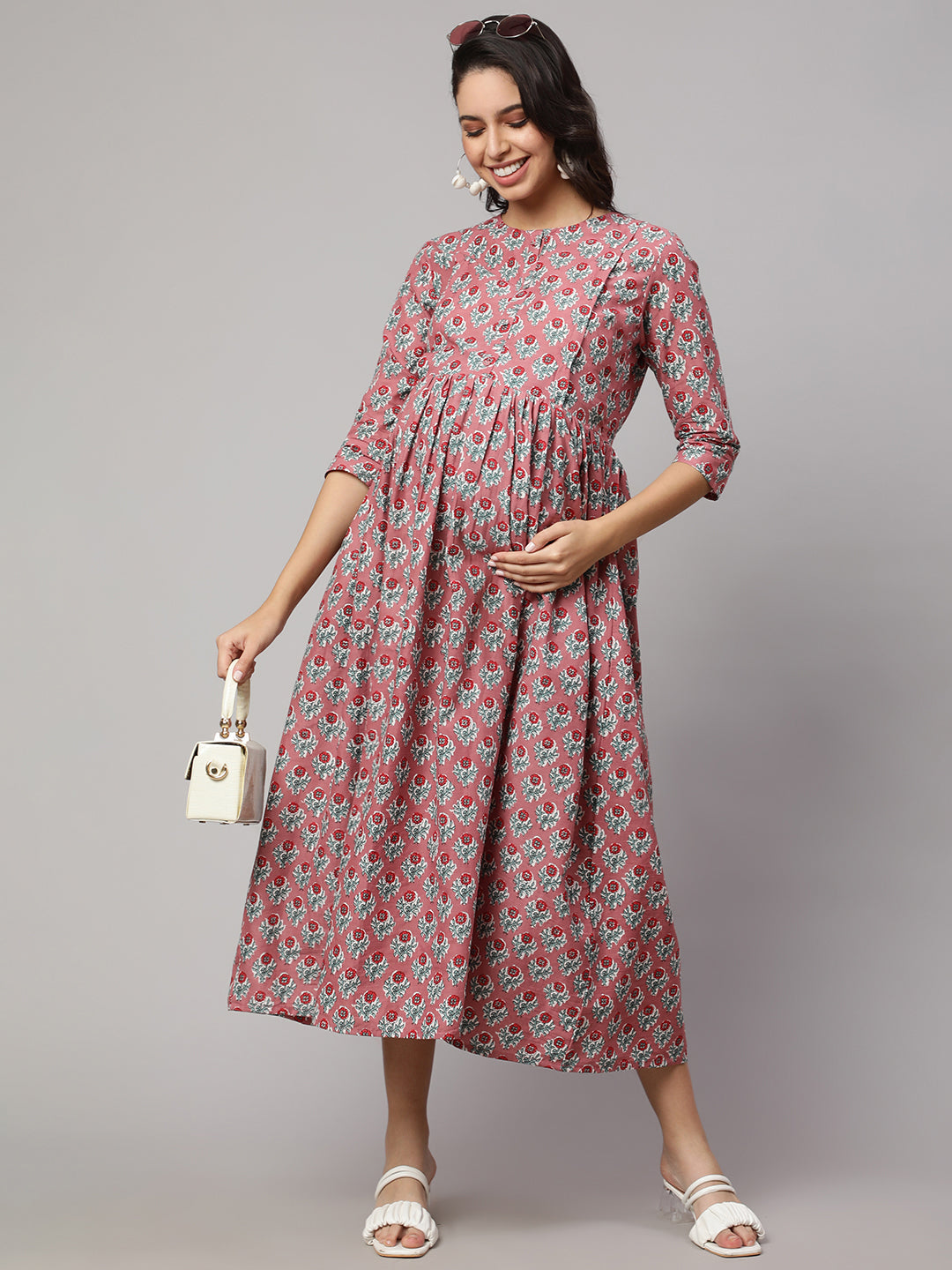Women's Mauve Floral Printed Flared Maternity Dress