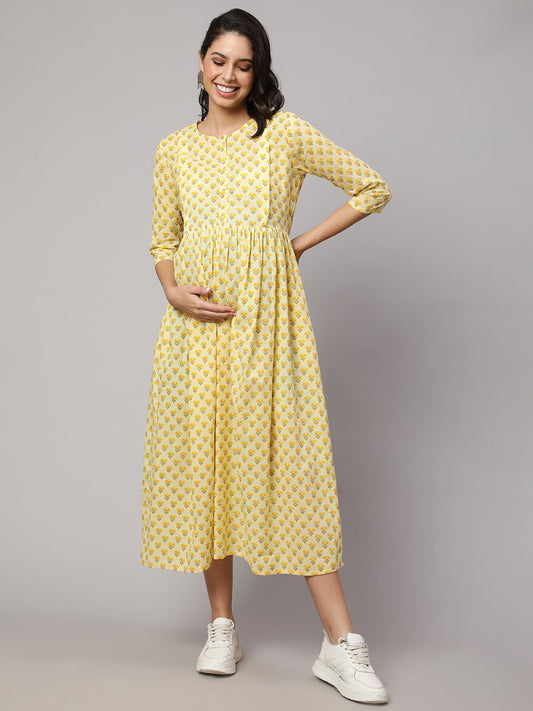 Women's Cream Printed Maternity Dress