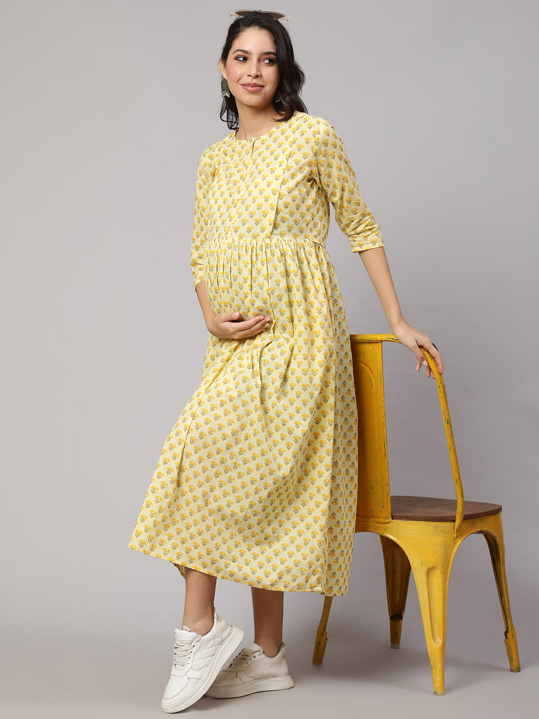 Women's Cream Printed Maternity Dress