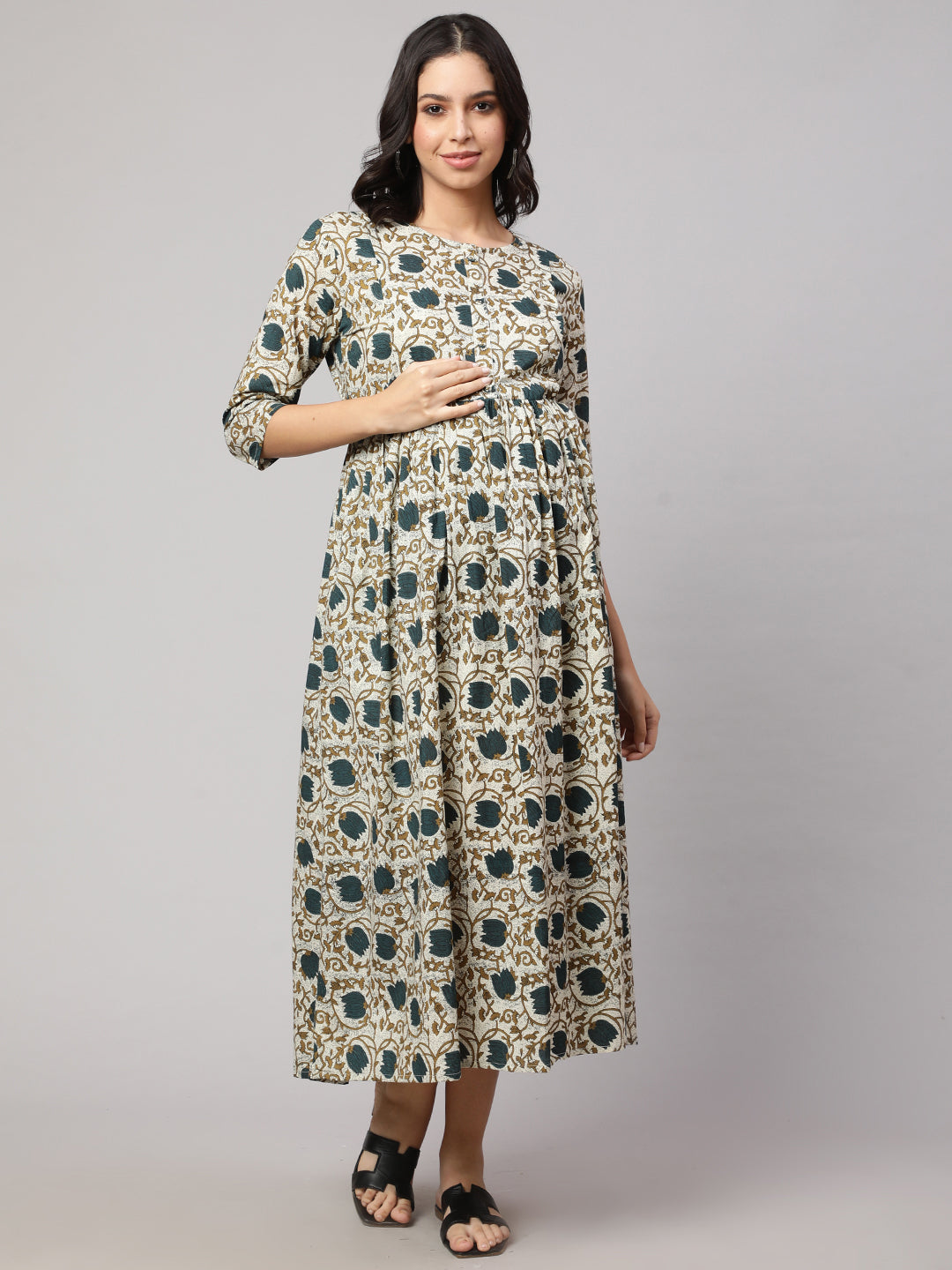 Women's Beige Printed Flared Maternity Dress