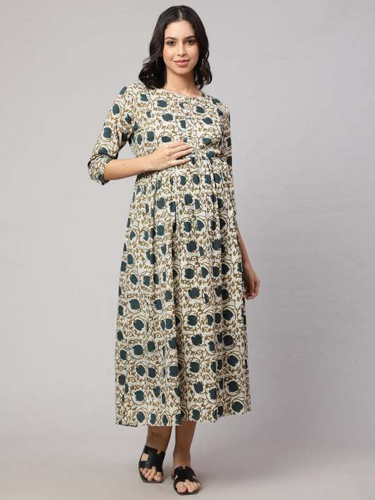 Women's Beige Printed Flared Maternity Dress