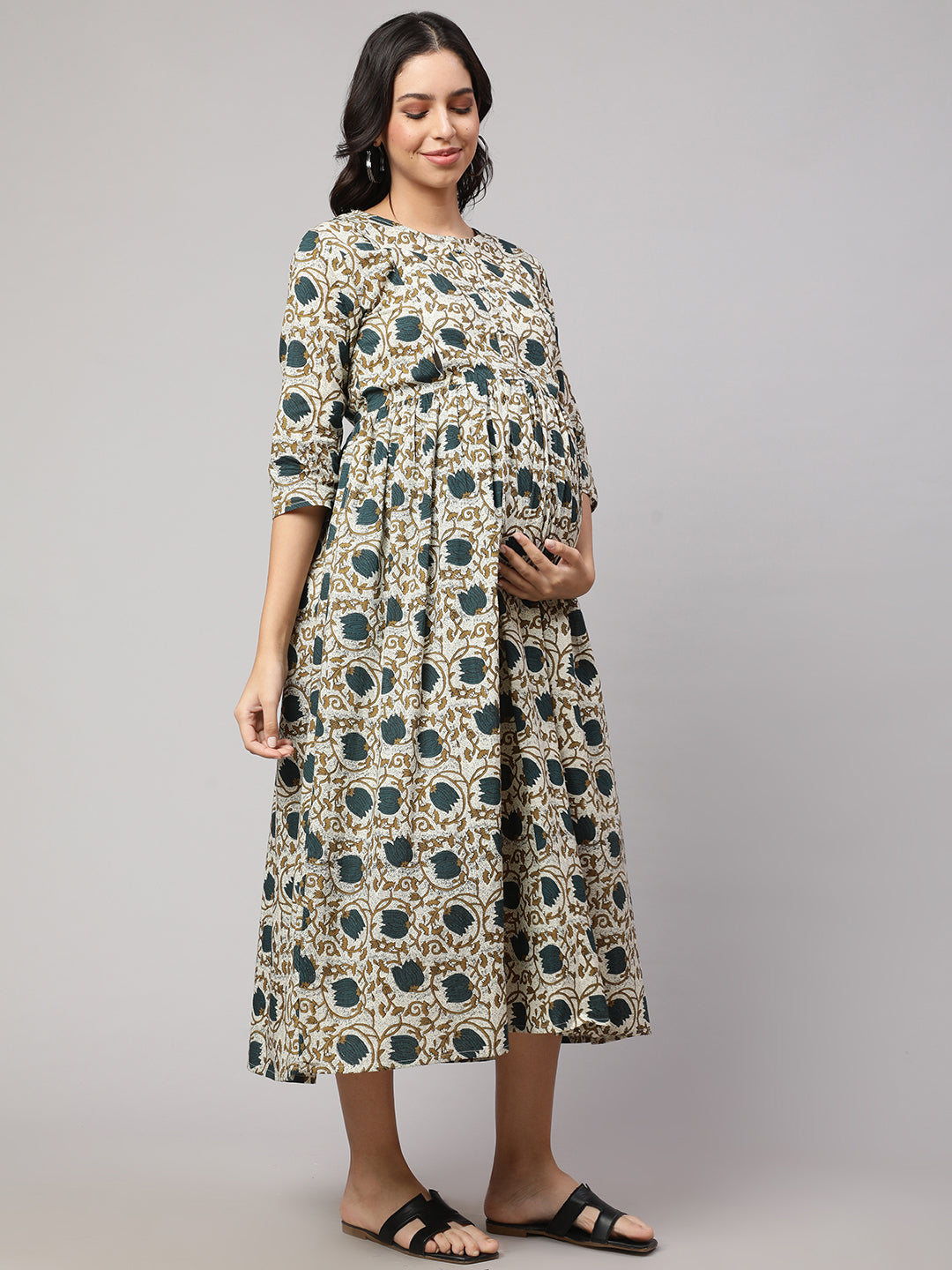 Women's Beige Printed Flared Maternity Dress