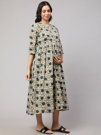 Women's Beige Printed Flared Maternity Dress
