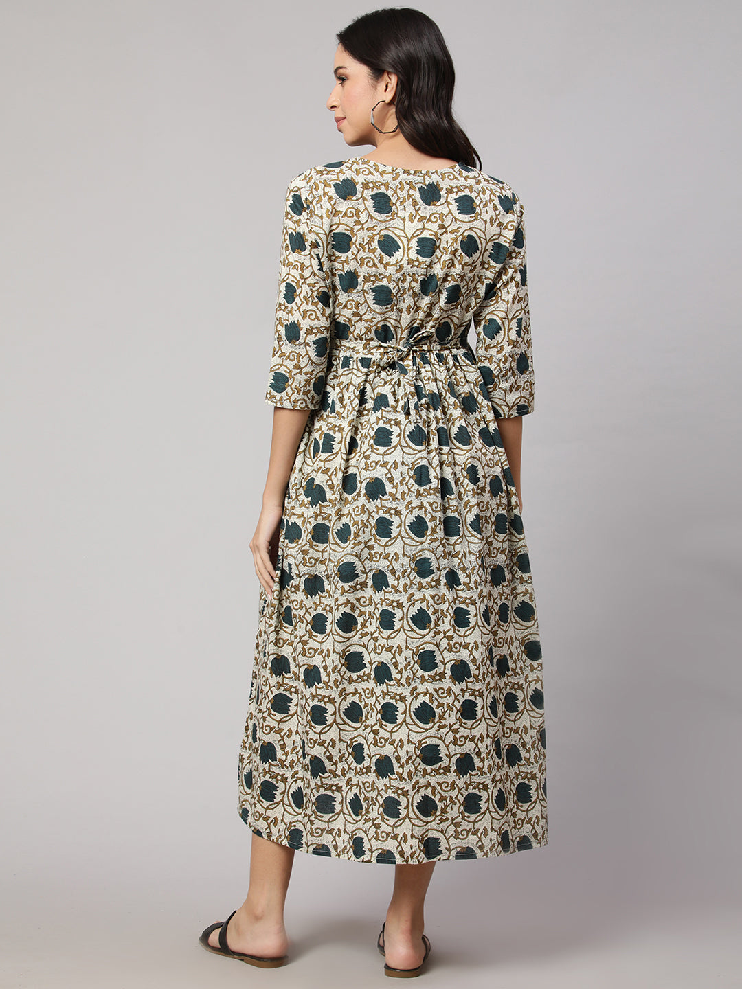 Women's Beige Printed Flared Maternity Dress