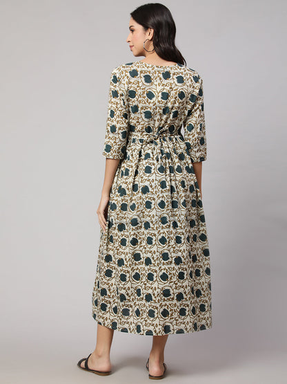 Women's Beige Printed Flared Maternity Dress