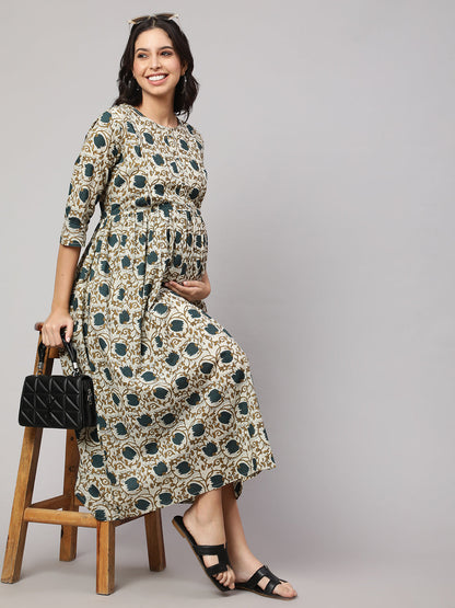 Women's Beige Printed Flared Maternity Dress