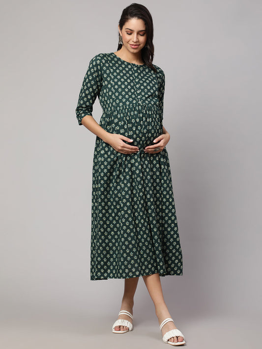 Women's Green Ethnic Printed Maternity Dress