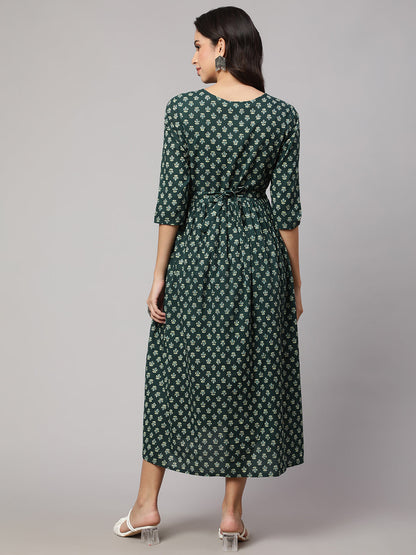 Women's Green Ethnic Printed Maternity Dress