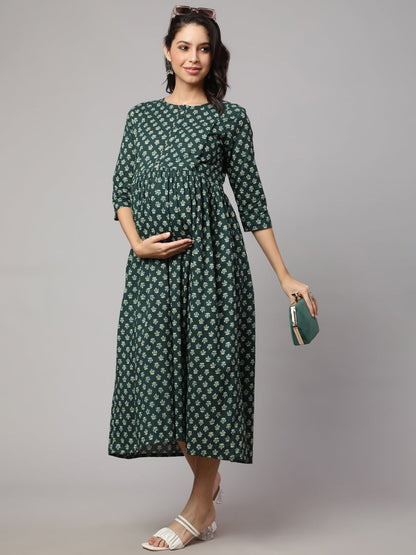 Women's Green Ethnic Printed Maternity Dress