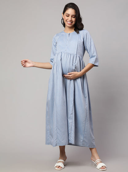 Women's Blue Printed Flared Maternity Dress