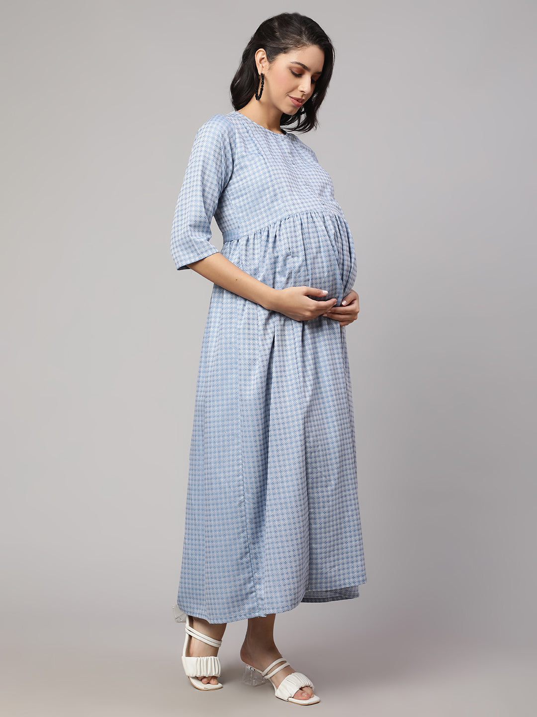 Women's Blue Printed Flared Maternity Dress