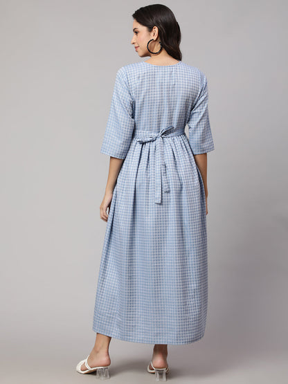 Women's Blue Printed Flared Maternity Dress