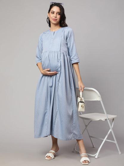Women's Blue Printed Flared Maternity Dress