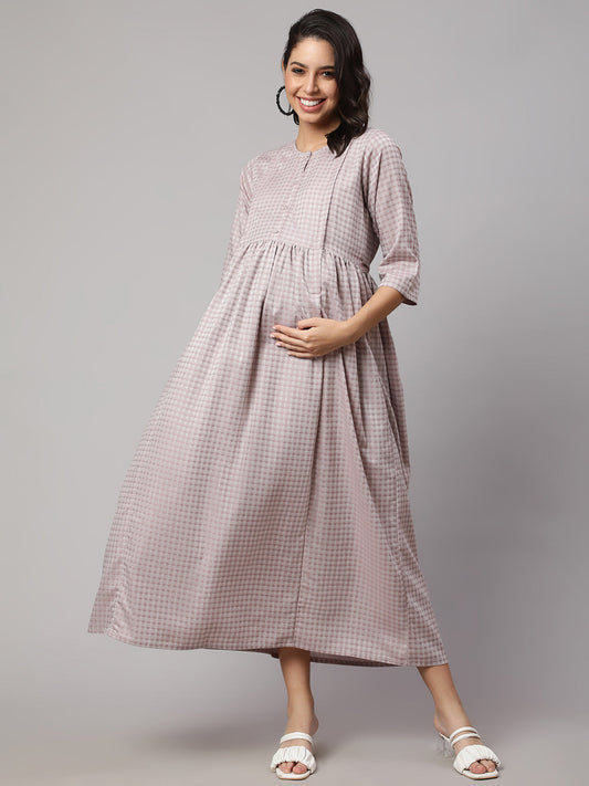 Women's Taupe Geometric Printed Maternity Dress